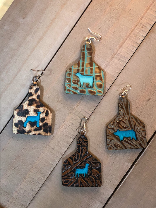 Tag shaped earrings with cutout, beef sheep hog goat