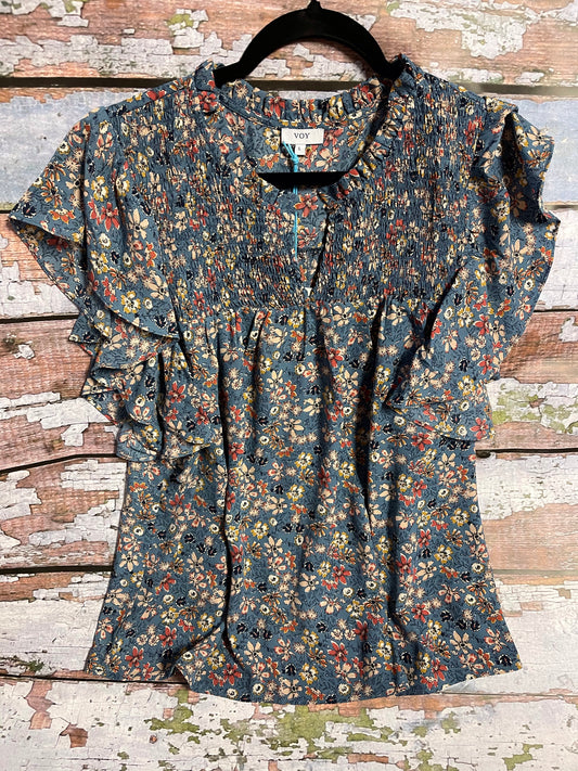 Shirt Women’s Voy Blue Floral Print Top 32059-1