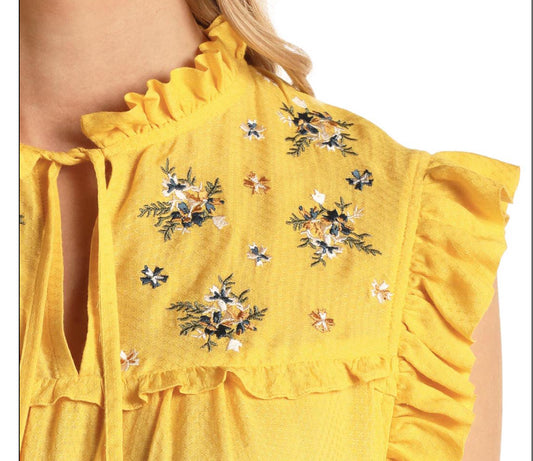 Shirts Women’s Ladies Ruffled Tank w/Embroidery Yellow