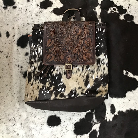 Purse bag cowhide with silver fleck tooled leather