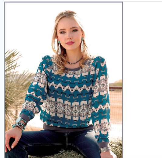 Shirts Women’s Cruel Raglan Top Teal And Gray Aztec Print CTW7004003