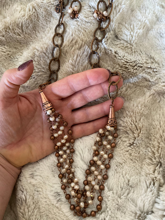 Burnished Copper chain with layered cream sparkle beads N1090TQ N1090CRM BR1090CRM