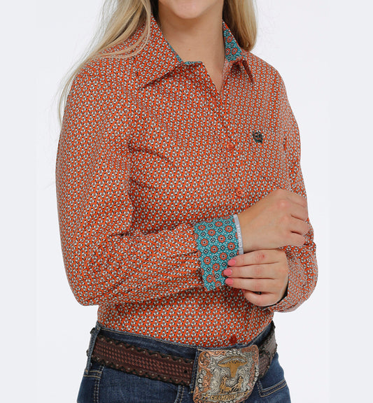 Shirts Women’s Cinch Long Sleeve Button Copper Print