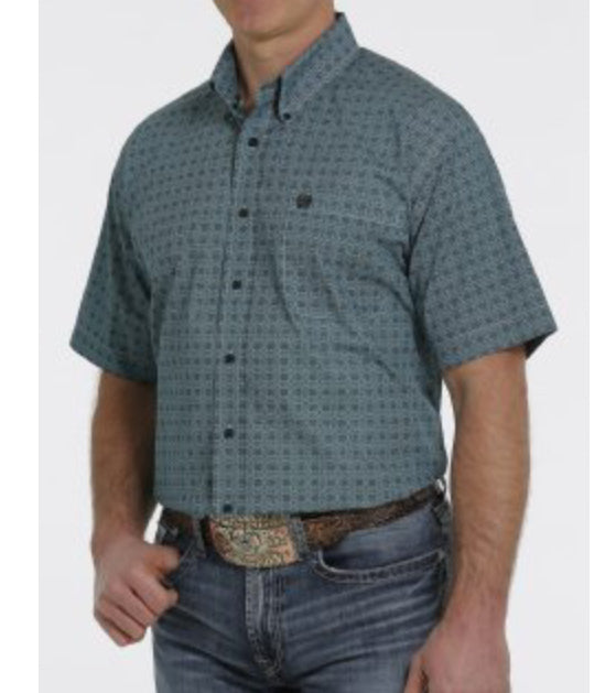 Shirts Men’s Cinch Short Sleeve Button Down Turquoise Black Print MTW111395X