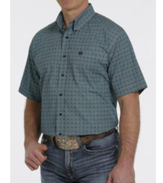 Shirts Men’s Cinch Short Sleeve Button Down Turquoise Black Print MTW111395X