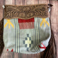 Handbag large gray saddle blanket purse with red and yellow Aztec design long fringe and tooled leather strap ADBGK109