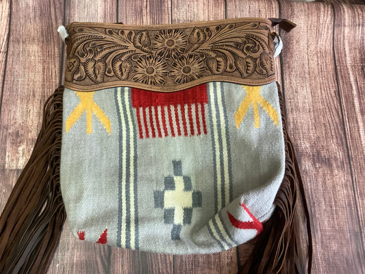 Handbag large gray saddle blanket purse with red and yellow Aztec design long fringe and tooled leather strap ADBGK109