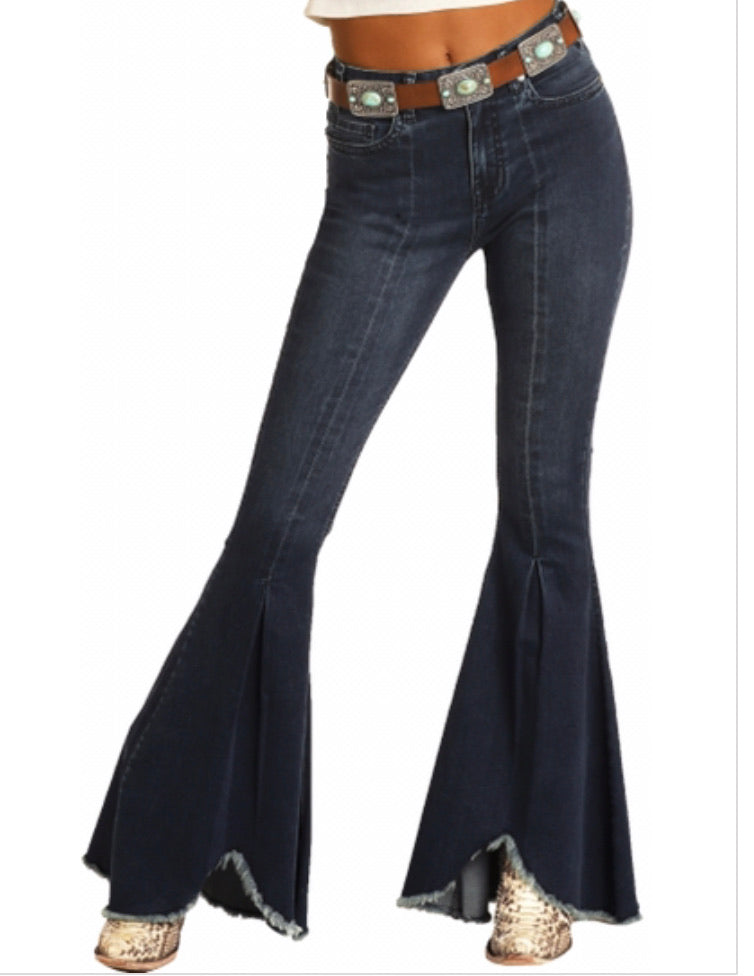 Jeans Women’s Dark Wash Raw Hem High-Low Bell Bottoms WHB9766